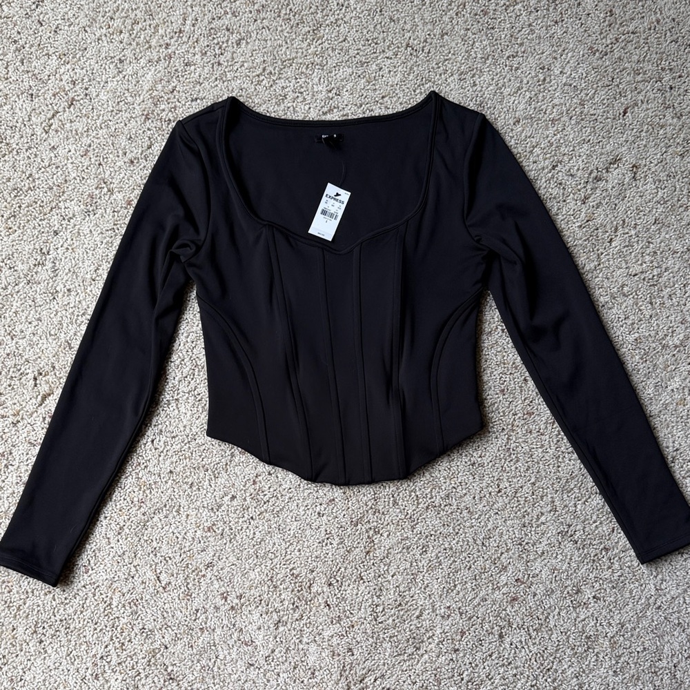 Express Black Long Sleeve Corset-Style Top